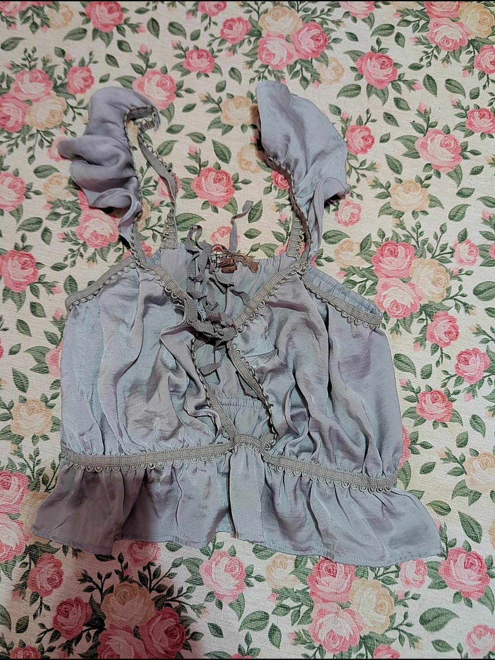 For Love And Lemons Blue Ruffle Soliana Pajama Crop Top